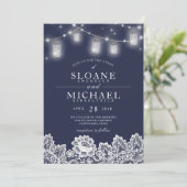 Mason Jar String Lights Lace Navy Blue Wedding Kaart (Staand voorkant)