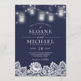 Mason Jar String Lights Lace Navy Blue Wedding Kaart