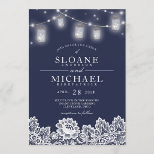 Mason Jar String Lights Lace Navy Blue Wedding Kaart