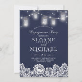 Mason Jar String Lights Lace Navy Engagement Party Kaart (Voorkant)
