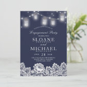Mason Jar String Lights Lace Navy Engagement Party Kaart (Staand voorkant)