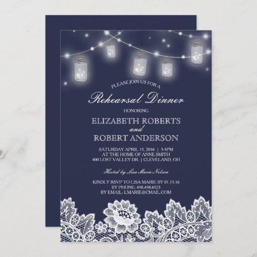 Mason Jar String Lights Lace Navy Rehearsal Dinner Kaart (Voorkant / Achterkant)