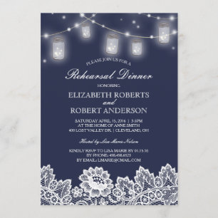 Mason Jar String Lights Lace Navy Rehearsal Dinner Kaart