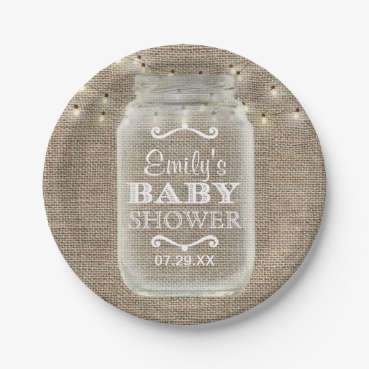 Mason Jar String Lights Rustic Burlap Baby shower Papieren Bordje (Voorkant)