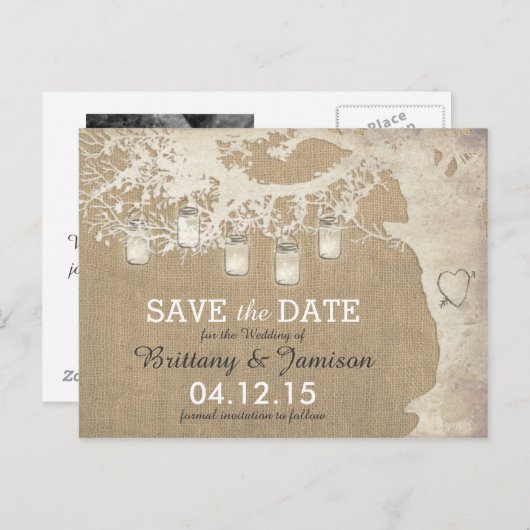 Mason Jar String Lights Rustic Tree Save the Date Aankondigingskaart (Voorkant / Achterkant)