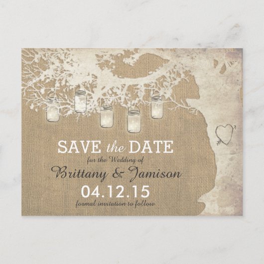 Mason Jar String Lights Rustic Tree Save the Date Aankondigingskaart (Voorkant)