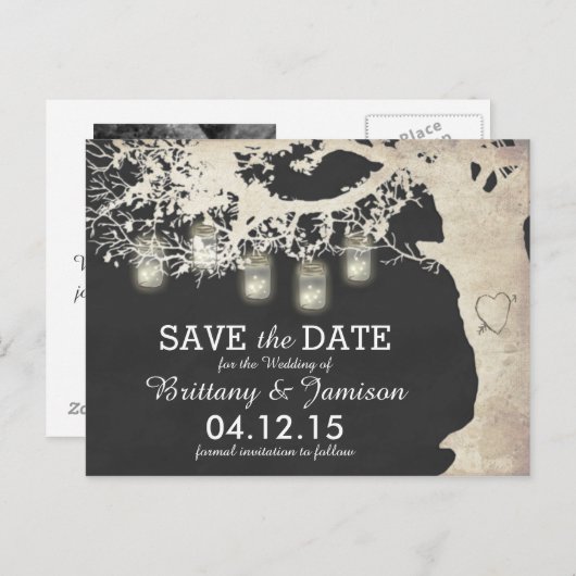 Mason Jar String Lights Rustic Tree Save the Date Aankondigingskaart (Voorkant / Achterkant)