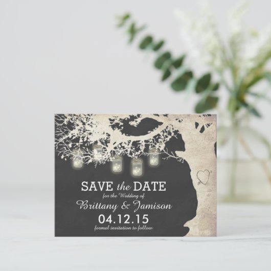 Mason Jar String Lights Rustic Tree Save the Date Aankondigingskaart (Staand voorkant)