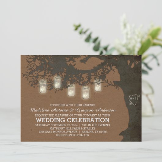 Mason Jar String Lights Tan Autumn Tree Wedding Kaart (Staand voorkant)