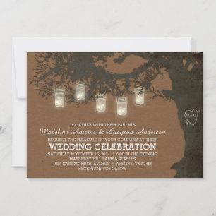Mason Jar String Lights Tan Autumn Tree Wedding Kaart