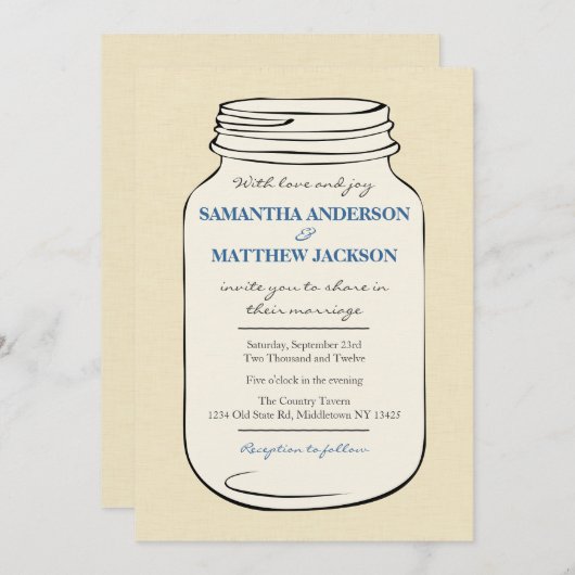 Mason Jar Style 2 Faire-part de mariage - Bleu (Devant / Derrière)