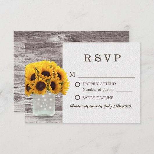 Mason Jar Tournesols Grange Mariage en bois RSVP (Devant / Derrière)