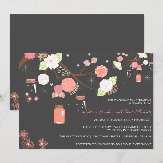 Mason Jar Wedding Invitation - Koraal, Limoen, gri Kaart (Voorkant / Achterkant)