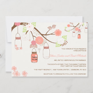 Mason Jar Wedding Invitation - Koraal, Limoen, wit Kaart