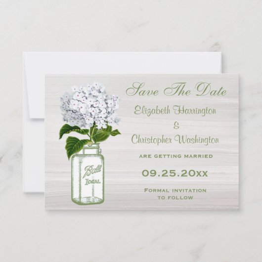 Mason Jar & White Hydrangea Save the Date Wedding (Achterkant)