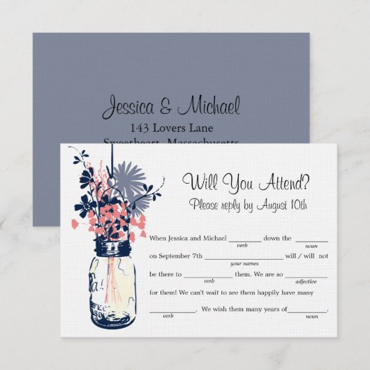 Mason Jar Wilde Bloemen LIB RSVP Kaartje (Voorkant / Achterkant)