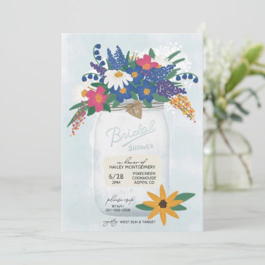 Mason Jar & Wildflower Bridal Shower Invitation Kaart (Staand voorkant)