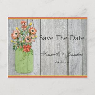 Mason Jar Wildflowers Barn Wood Bewaar de datum Aankondigingskaart
