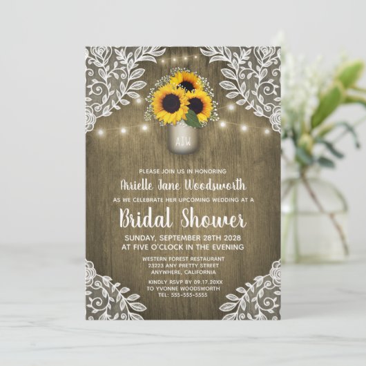 Mason Jar Zonnebloem Bruidsdouche Uitnodigingen (Staand voorkant)