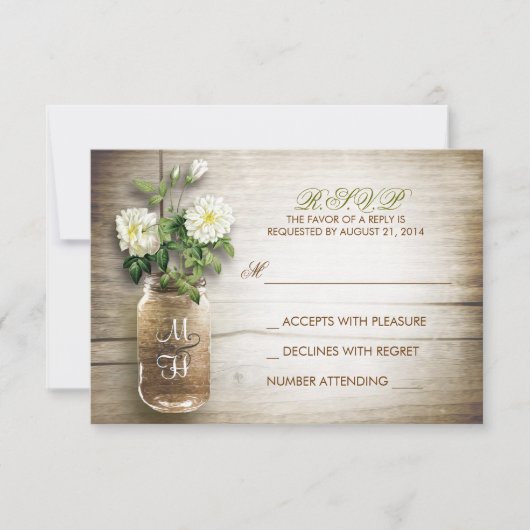 Mason jarre et fleurs blanches mariage cartes RSVP (Devant)