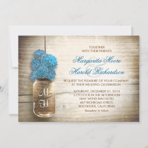 Mason jarre et fleurs bleues invitations de mariag