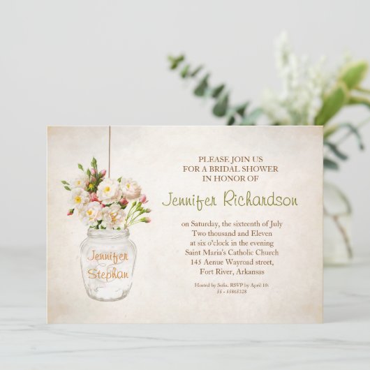 mason jarre & roses blanches invitation à la douch (Debout devant)