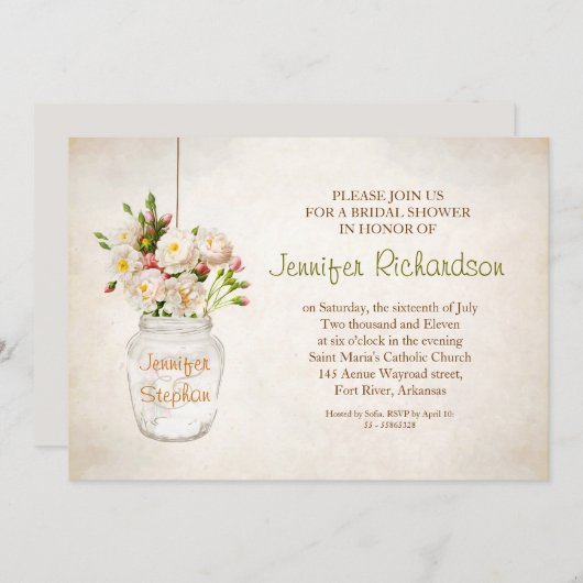 mason jarre & roses blanches invitation à la douch (Devant / Derrière)