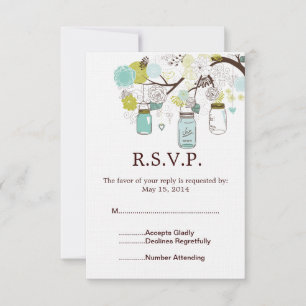 Mason Jars en Blauw Groene Bloemen Wedding RSVP Kaartje