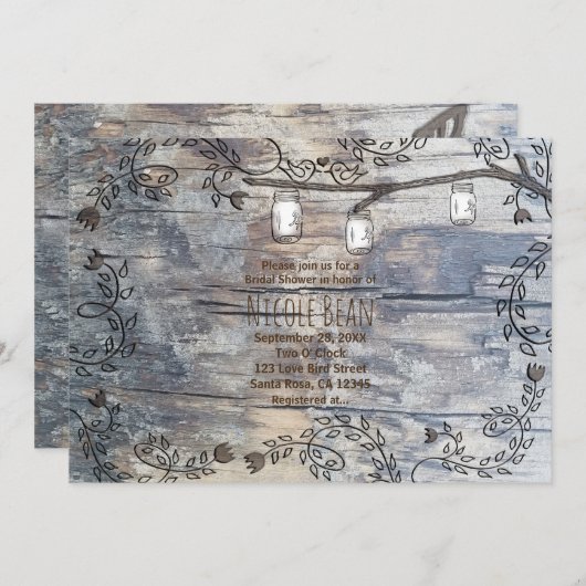 Mason Jars & Inséparables Rustic Branch Invitation (Devant / Derrière)