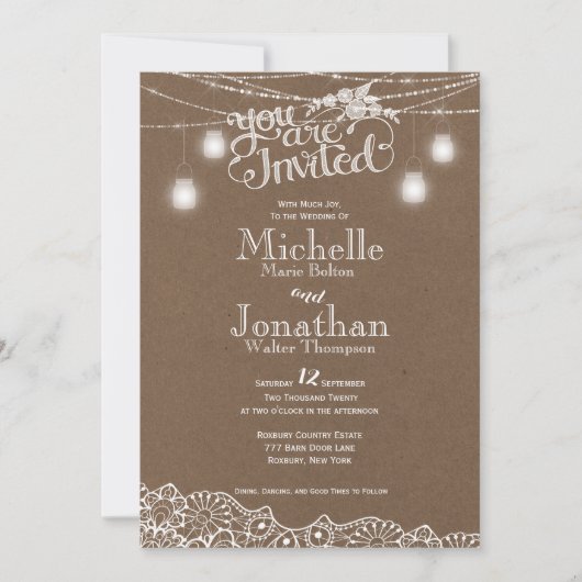 Mason Jars Lights Lace Rustieke bruiloft uitnodigi Kaart (Voorkant)