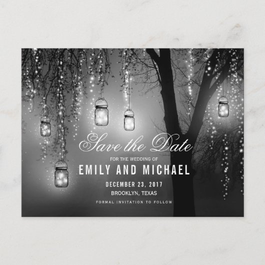 Mason Jars String Lights Elegant bewaar de datum Aankondigingskaart (Voorkant)
