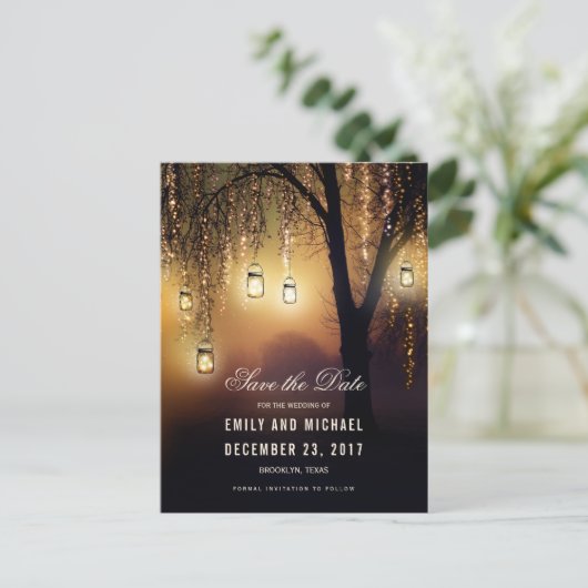 Mason Jars String Lights Elegant bewaar de datum Aankondigingskaart (Staand voorkant)