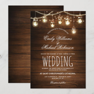 Mason Jars String Lights Elegant Rustic Wedding Kaart
