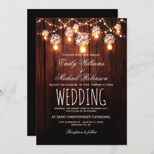 Mason Jars String Lights Elegant Rustic Wedding Kaart (Voorkant / Achterkant)