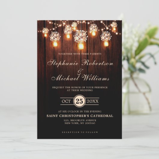Mason Jars String Lights Elegant Rustic Wedding Kaart (Staand voorkant)