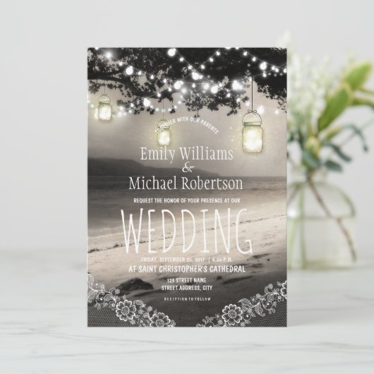 Mason Jars String Lights Elegant Rustic Wedding Kaart (Staand voorkant)