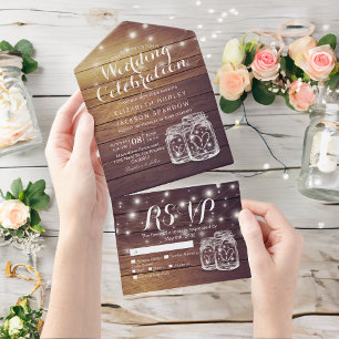 Mason Jars String Lights Rustic Wood Wedding RSVP All In One Uitnodiging