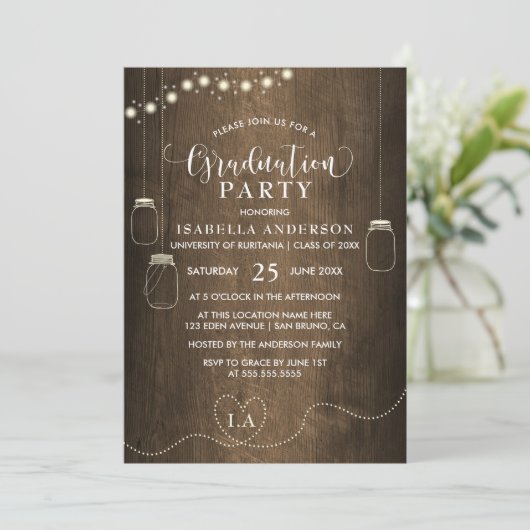 Mason Jars String Lights Rustiek Hout Afstuderen Kaart (Staand voorkant)