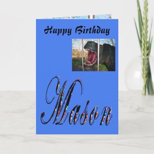 Mason, Name, Logo, Boys Dinosaur Birthday Kaart (Voorkant)
