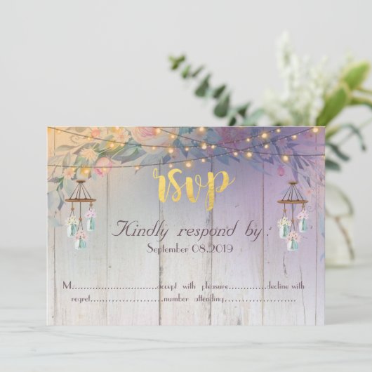 Mason pot, Bloemen, Houten RSVP Kaart (Staand voorkant)