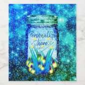 Mason potje bliksem bug gloeiend vuurvliegblauw wijn etiket (Enkel label)