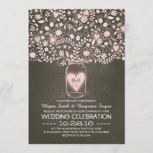 Mason potje bloemen roze rustieke bruiloft uitnodi kaart