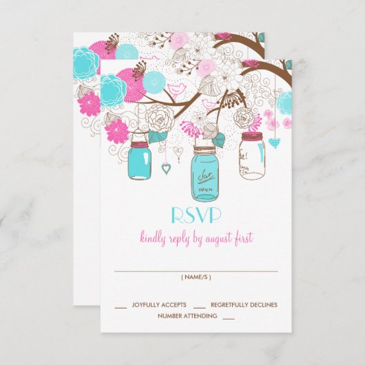 Mason Turquoise et Rose chaud Pots Mariage Carte R (Devant / Derrière)