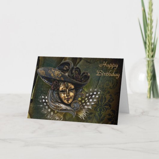 Masque Carnaval - Vert N Or Damask Carte Anniversa (Devant)