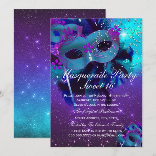 Masque de bijou à plumes violet cyan Invitation Ma (Devant / Derrière)