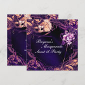 Masque de mascarade violet et invitations élégante (Devant / Derrière)