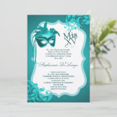 Masque de masquerade sarcelle 5x7 Invitation Quinc (Debout devant)