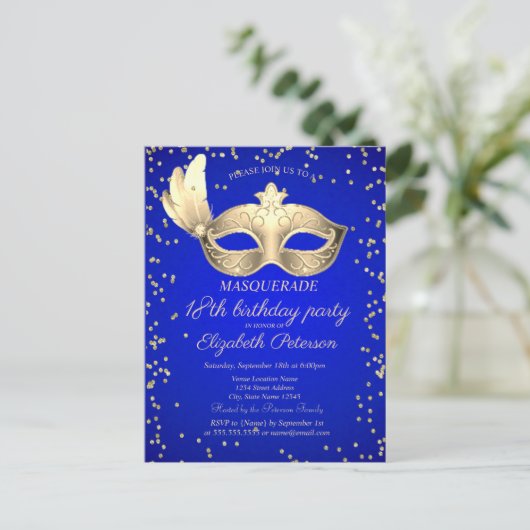 Masque Diamonds Royal Blue 18e Verjaardag Uitnodiging Briefkaart (Staand voorkant)