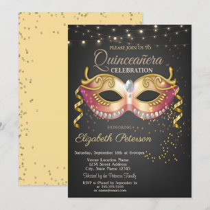 Masque, Lights, Diamonds Masquerad Quinceañera Kaart