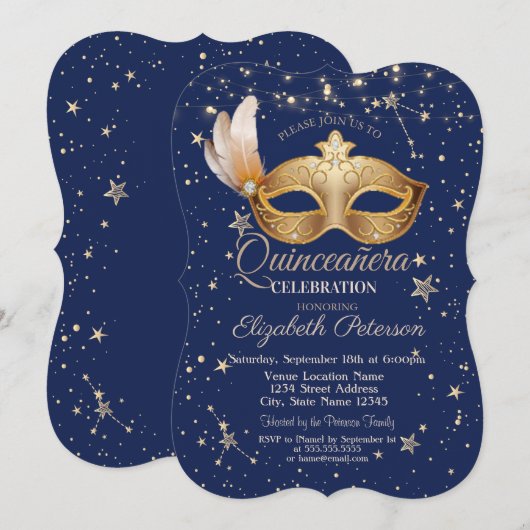 Masque Marine Blue Stars Quinceañera Invitation (Devant / Derrière)